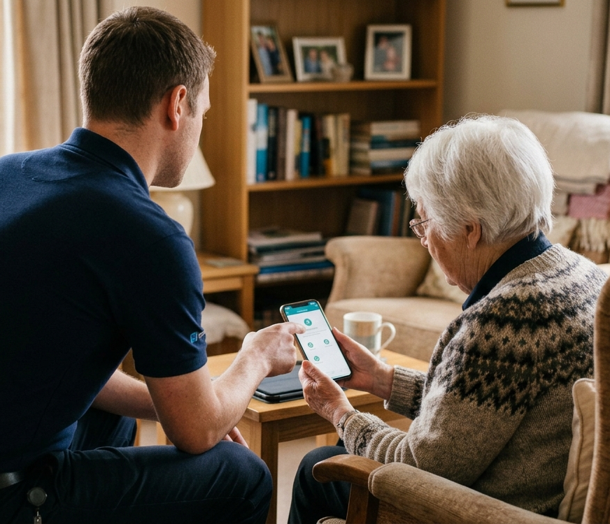 Mise en sécurité numérique à domicile avec une personne senior sur son téléphone